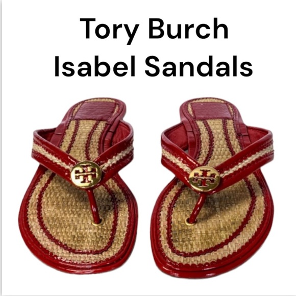Tory Burch Women’s Isabel Red Leather & Straw Sandals Size 5.5 - Picture 1 of 14